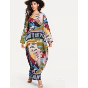 NWT Audate Linen Funky Abstract Eye Boho Kaftan Maxi Dress Sz 2XL